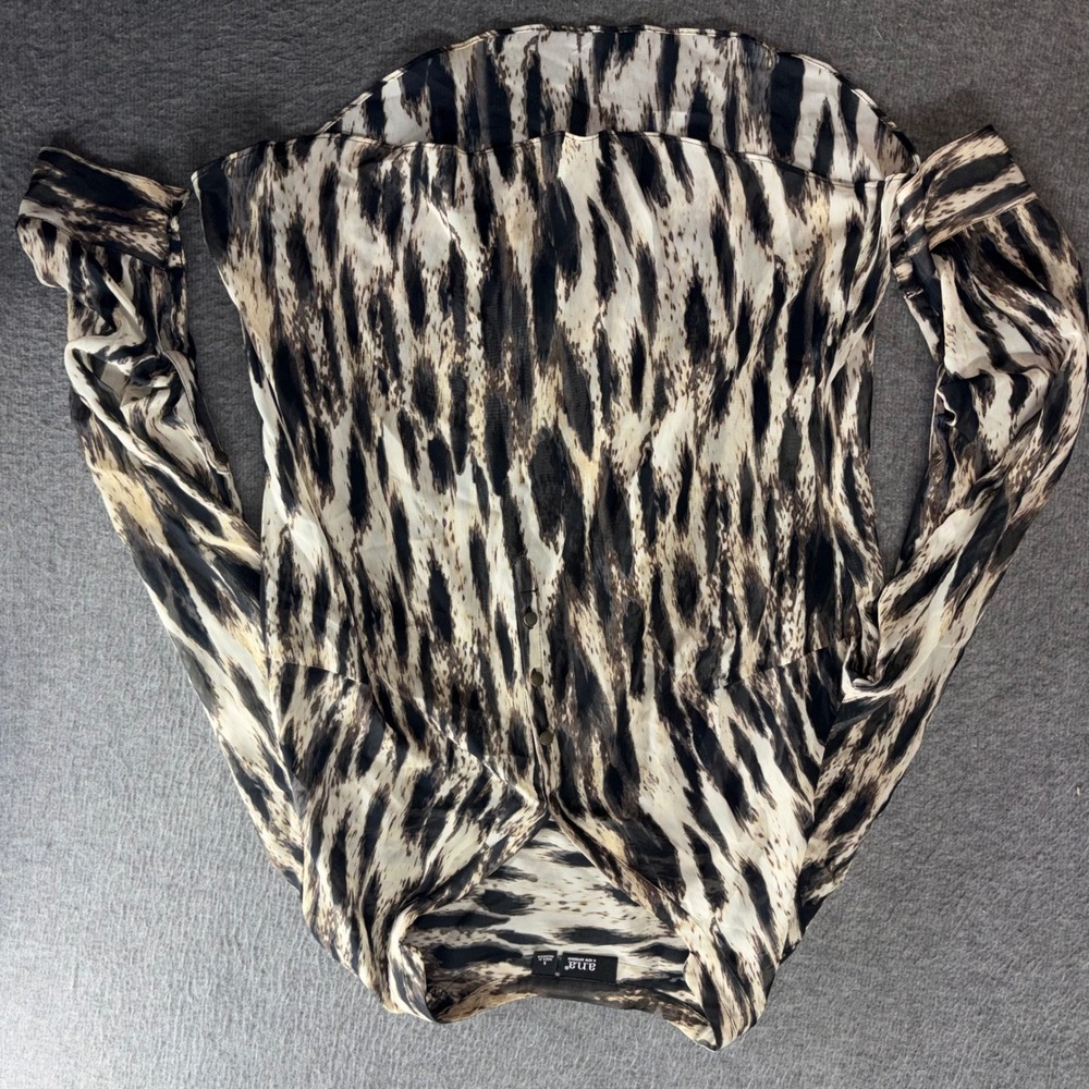 a.n.a A New Approach Women Small Animal Print Button Up Blouse Sheer Long Sleeve